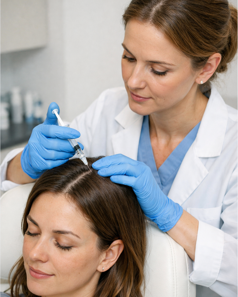 persona che si fa la carbossiterapia alla cute del capo